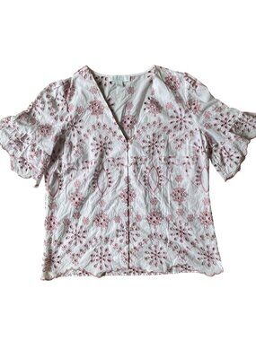 Bunulu Cottagecore Praire Eyelet Blouse Womens Large White Pink Flutter Sleeve
